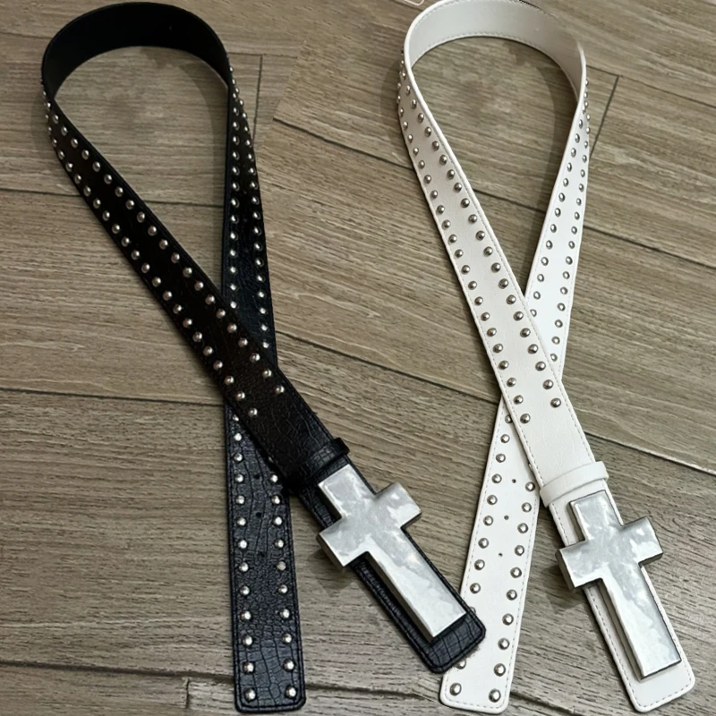 Harajuku Punk Studded Cross Belt Y2K Hip Hop Street Style Waist Belt Burst Pattern Rock Waistband for Party Music Festival Belt