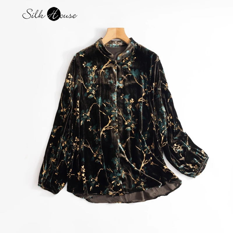 

2026 Women's Fashion Spring and Autumn Clothing 30% Natural Mulberry Silk Velvet Gilded Gold Collar Long Sleeve Print Shirt
