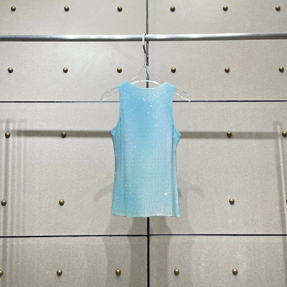 Women's Tank Top 2026 Spring & Summer New Y2k Gradient Printing Heavy Hot Drilling Double Layer Mesh Top Fashion Versatile Top