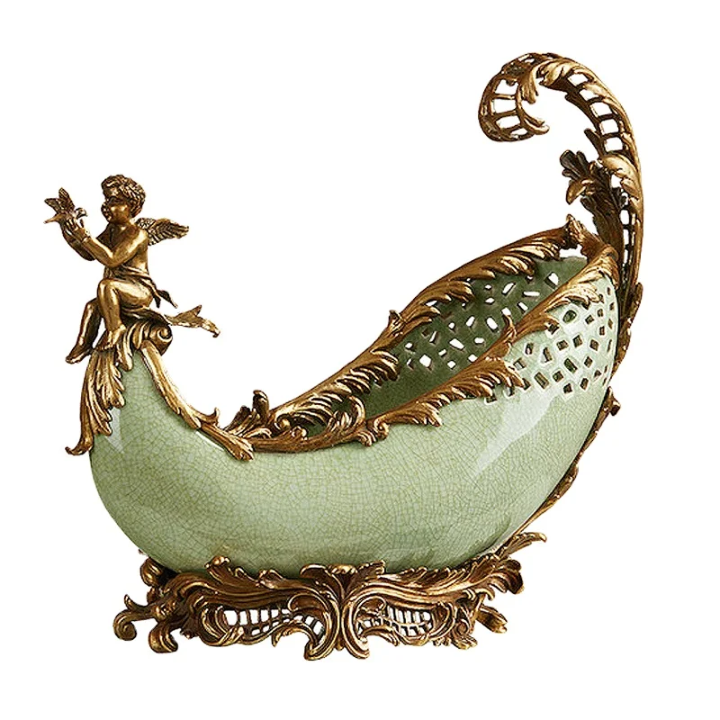 Tall emerald green & gold green home decoration, classical European art decoration luxury, ceramic vase large brass