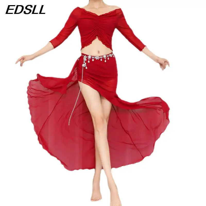 Adult Belly Dance Oriental Practice Set Women Elegant Top+ Sexy Split Skirt Clothes Suit Bellydance Stage Performance
