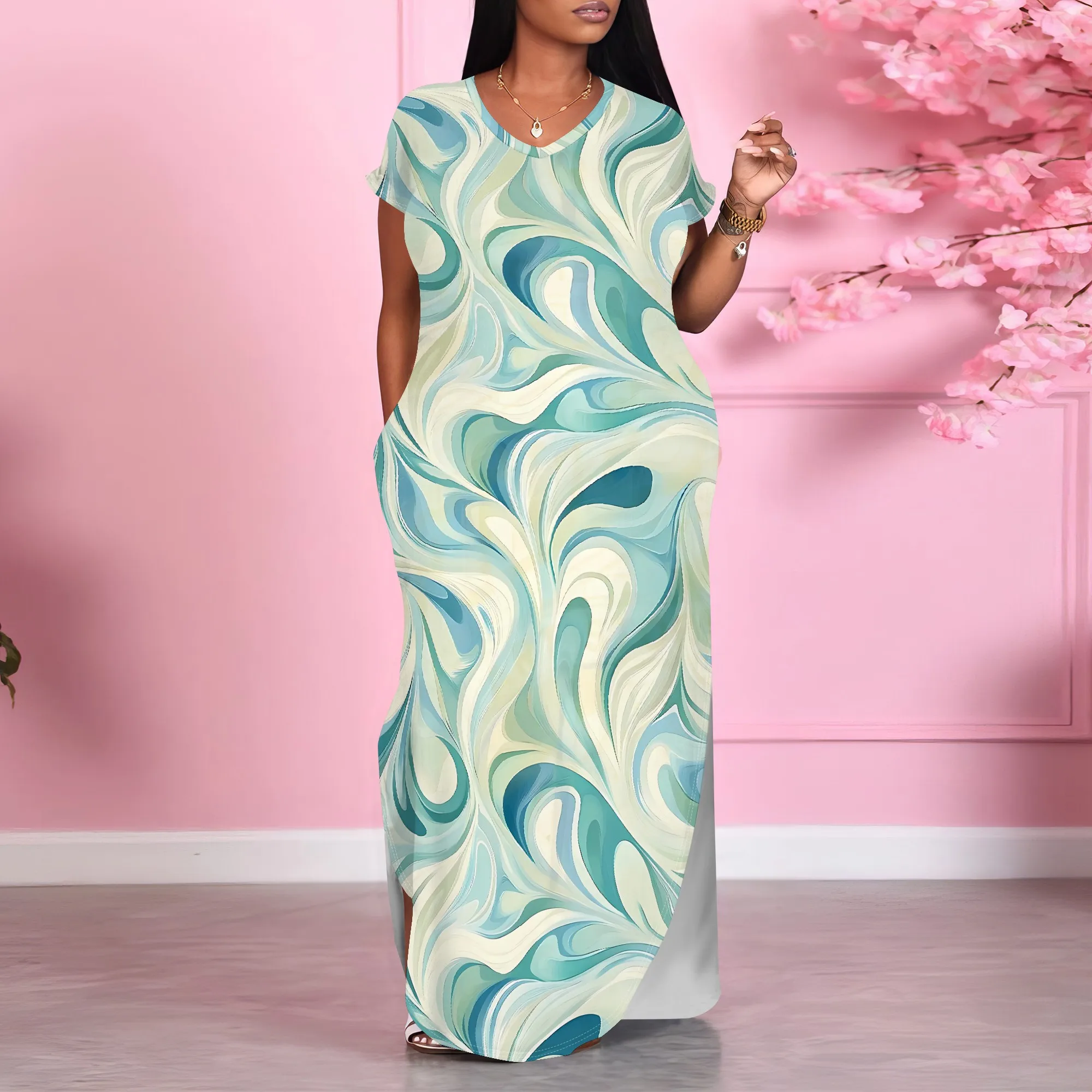 

Nupusa Marble Print Loose Maxi Dress for Women Summer Off Shoulder Casual Long Dress with Side Slit