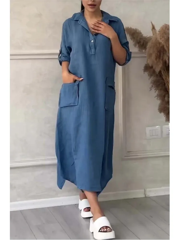 

Women Solid Casual Shirt Dress 2024 Spring Autumn Sundress Vintage Lapel Pocket Loose Irregular Hem Work Long Dresses Vestidos