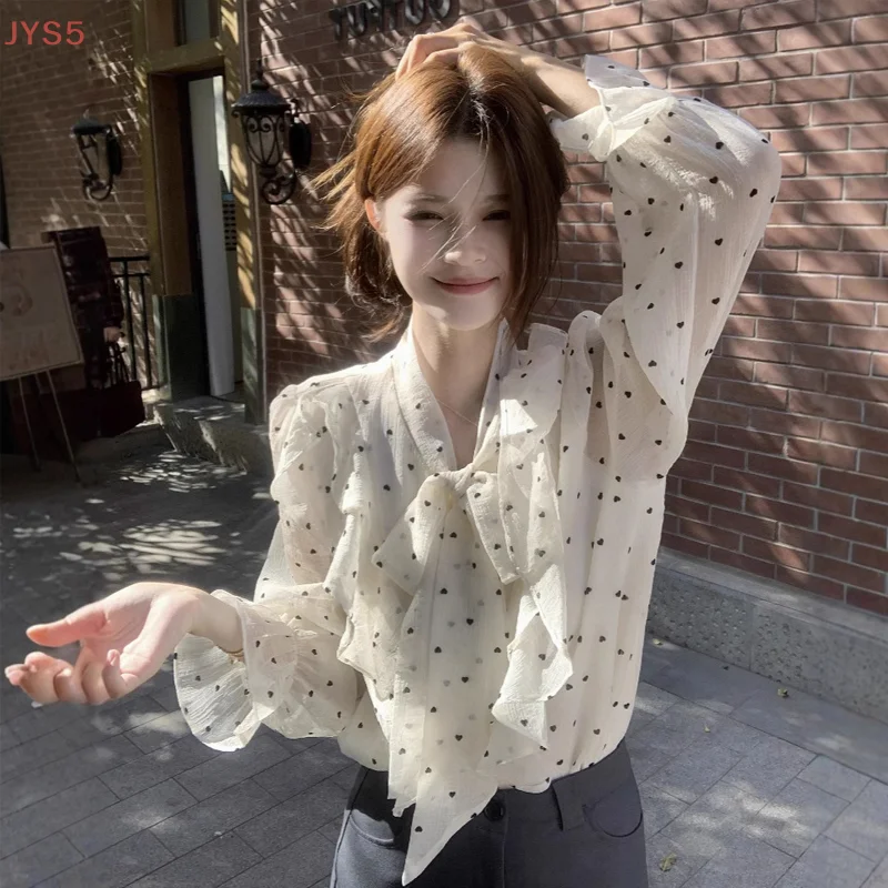 秋の新作トップス フレンチシフォンシャツ 気質漂う小さめシャツ おしゃれな水玉模様長袖シャツ