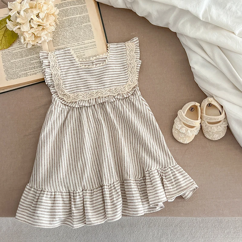 Korean Baby Girls Dress Summer New Kids Cute Princess Girl Dress Loose stripe Sleeveless Kids Cotton Clothes Outfit 1-6Y