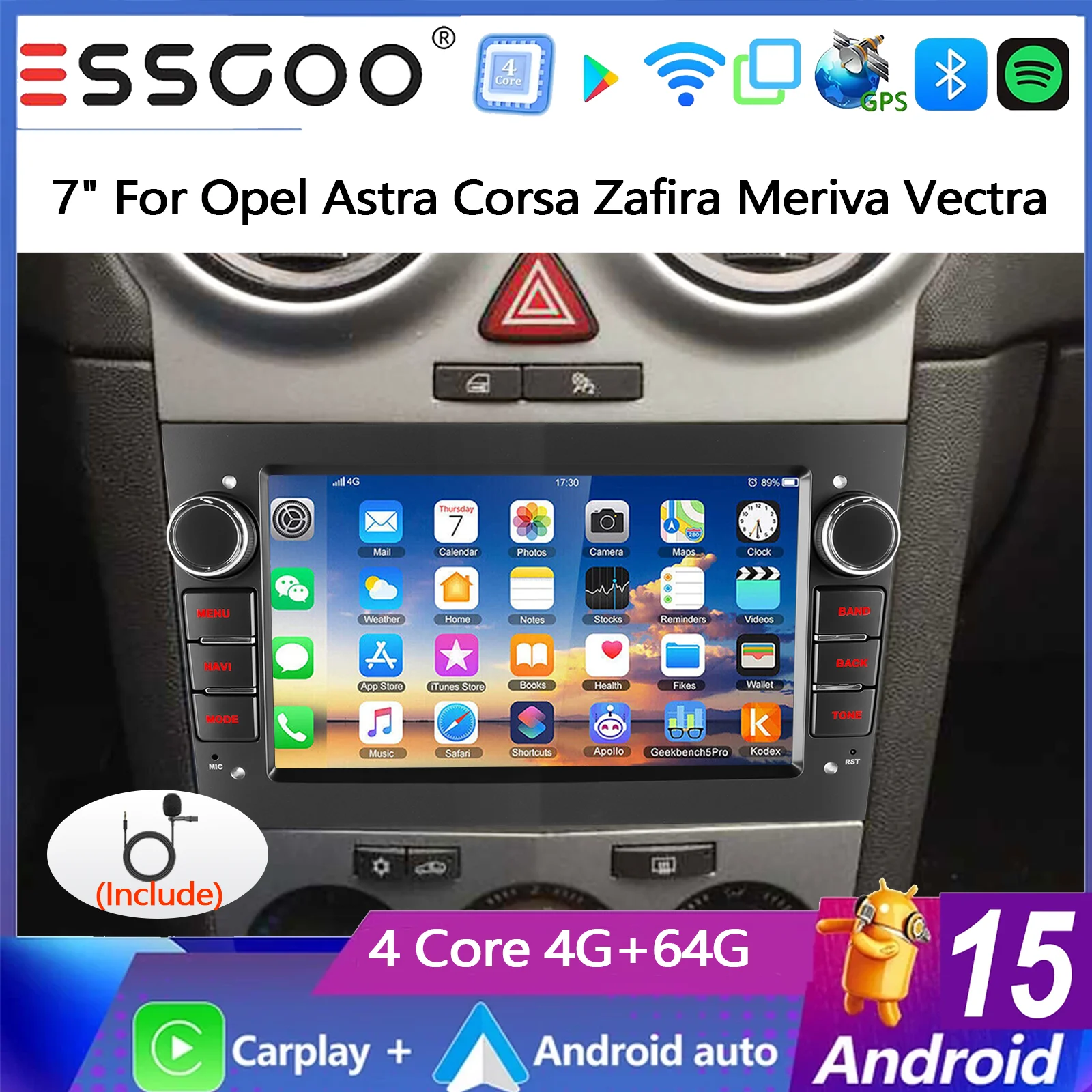 ESSGOO 7 Zoll 4+64G Android 15 Autoradio für Opel/Vauxhall Astra Corsa Zafira Meriva Vectra Combo Signum mit kabellosem Carplay, Android Auto, GPS-Navigation, Bluetooth, FM, SWC, Wifi, RDS, ASP, IPS