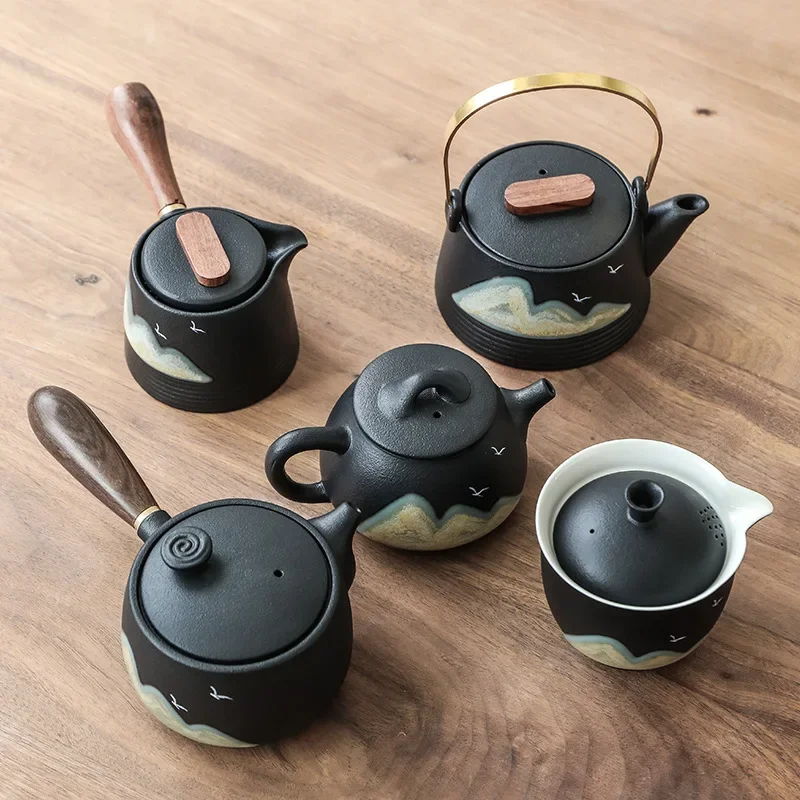 Japanese Vintage Ceramic Kung Fu Tea Set  Pot Coffee pot pot Clay Water Kettle Black tery Green Hill Side Handle 