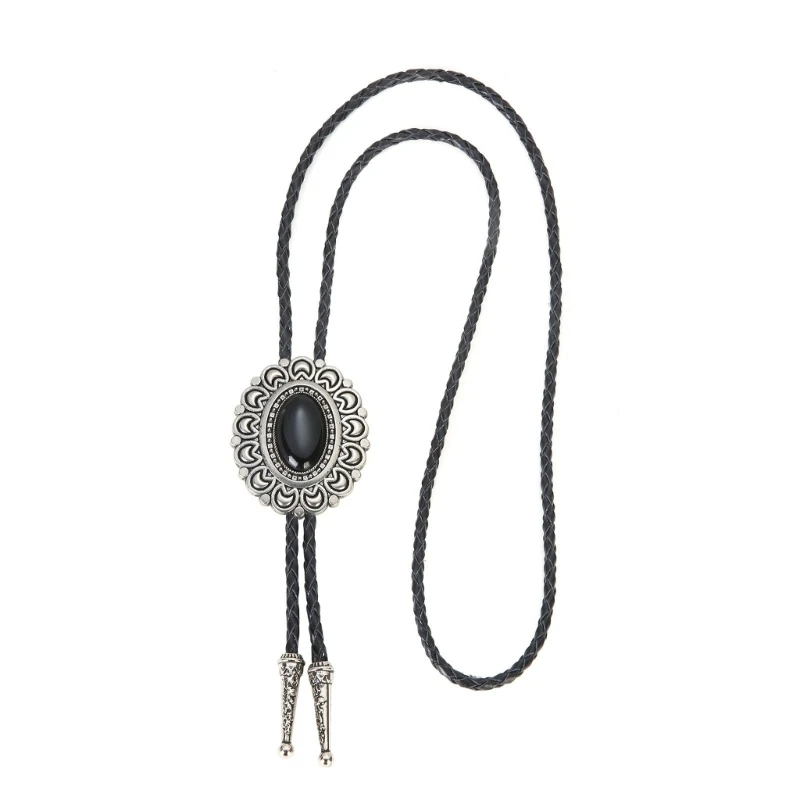 Moon Edge Stone Pendant Western Bolo Tie Artificial Leather Rope Necktie Necklace Shirt Collar Chain Jewelry Neckwear