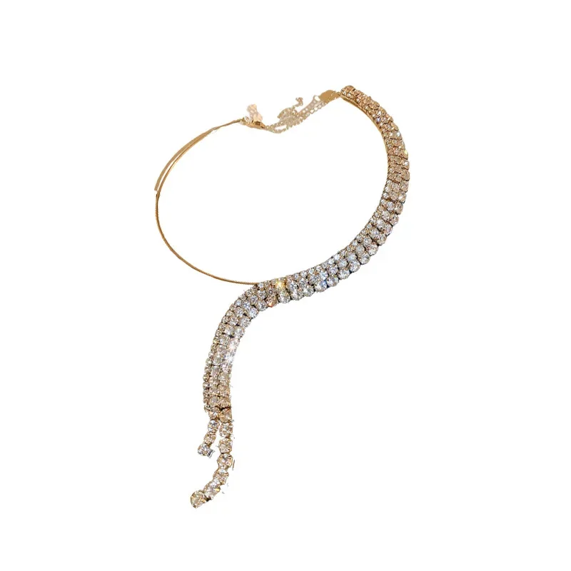 Asymmetric Diamond-encrusted Shiny Women's Necklace Multi-layered Tassel Exaggerated Punk Style Fashion Choker For Women Jewelry