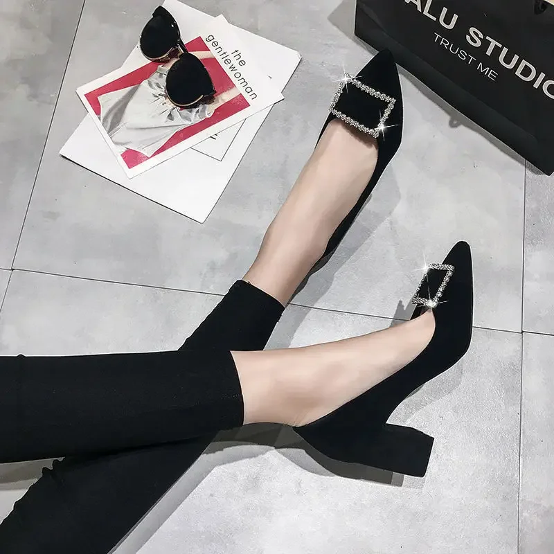 Black Office Super High Heel Block Buckle Square Heels Pointed Toe Woman Footwear Shoes for Women Shoe E on Promotion L Quality