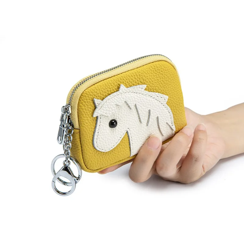 Women Genuine Leather Mini Zipper Pouch Cute Horse Design Key Ring Wallet for Coins Credit Cards Lipstick Cartoon Kids Wallet