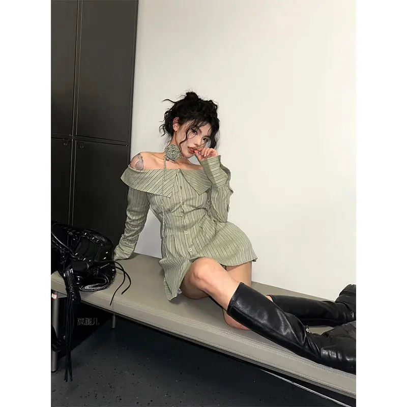 قبالة الكتف قميص مخطط فستان المرأة 2025 الربيع التلبيب الخصر سليم ألف خط فساتين قصيرة كم طويل موضة Vestidos