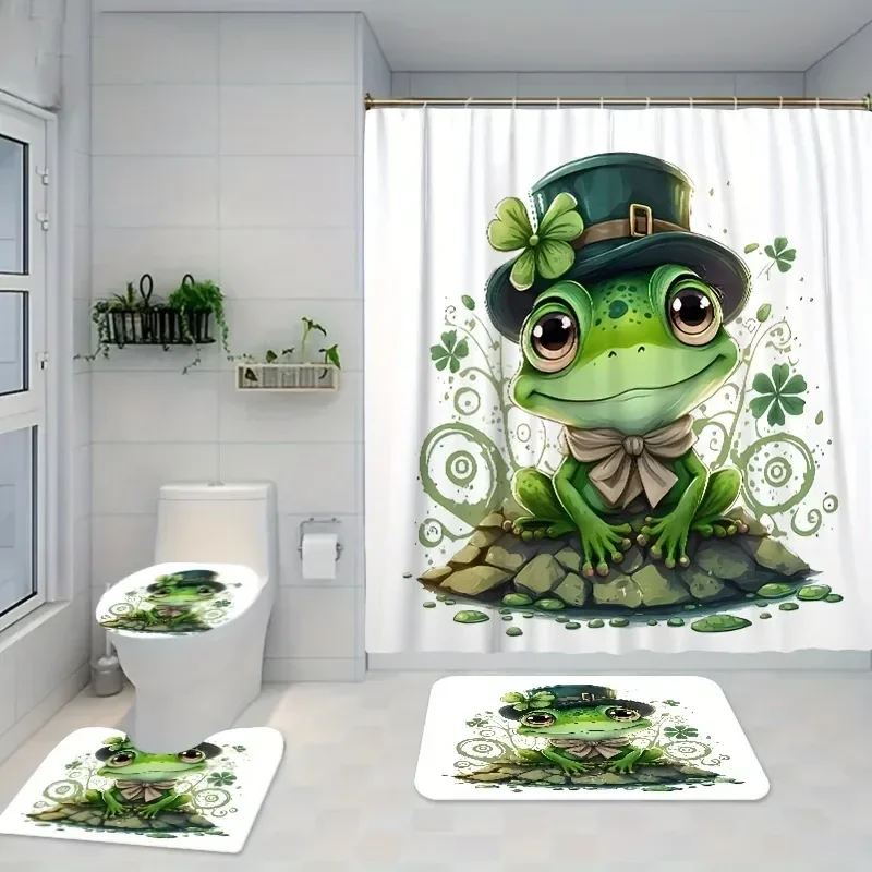 4 Pcs Cute Frog Shower Curtain Set Waterproof Fabric Bath Curtain Shamrock Non-Slip Bath Mat Toilet Lid Cover Bathroom Decor