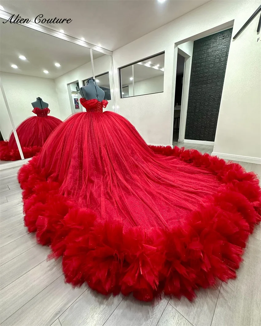 

Red Sweetheart Crystal Princess Quincenara Dresses 2025 Ball Gown Tiered Ruffles Beading Sweet 15 XV Party Gown Customized