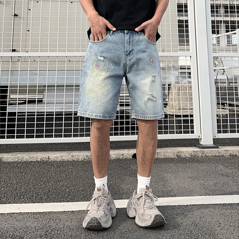 

Chinese Style Embroidered Denim Shorts - Men's Trendy Rhinestone Studded Relaxed Fit Casual Mid-Length Shorts