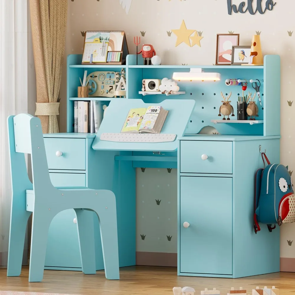 

Kids Study Desk and Chair Set,Wooden Children Table with 3-Color Lights,Tiltable Desktop,Multi Functional for Kids 5-12