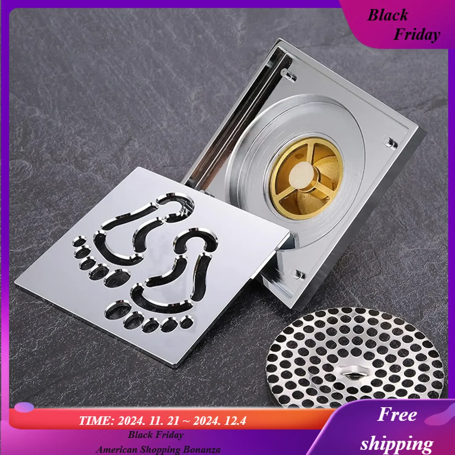 

Bath Floor Drain, 10x10cm Gold Bathroom Shower Square Drain Strainer Bathroom Drain Floor Hair Catcher