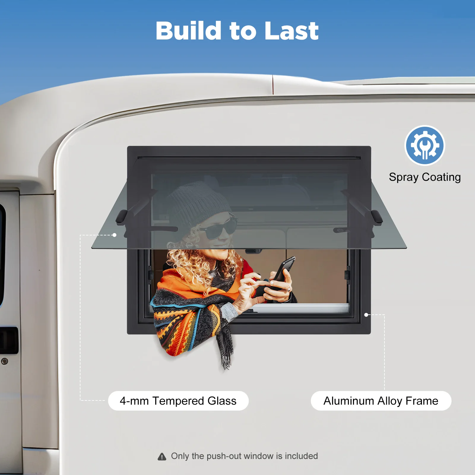 

Rectangular RV Caravan Camper Van Push Out Window 65° Opening for RVs, Trailers, Pickup Trucks or Conversion Vehicles