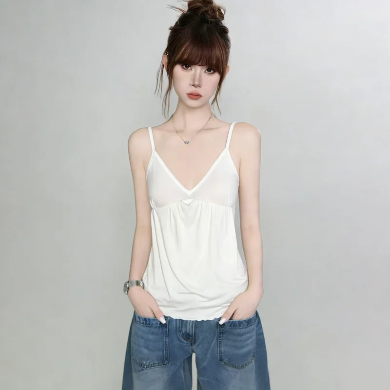 Skin-friendly Slim Fit V-neck Camisole Top Women Outerwear Loose Lock Stitching Inner Match 2026 Women Spring Summer Shirt