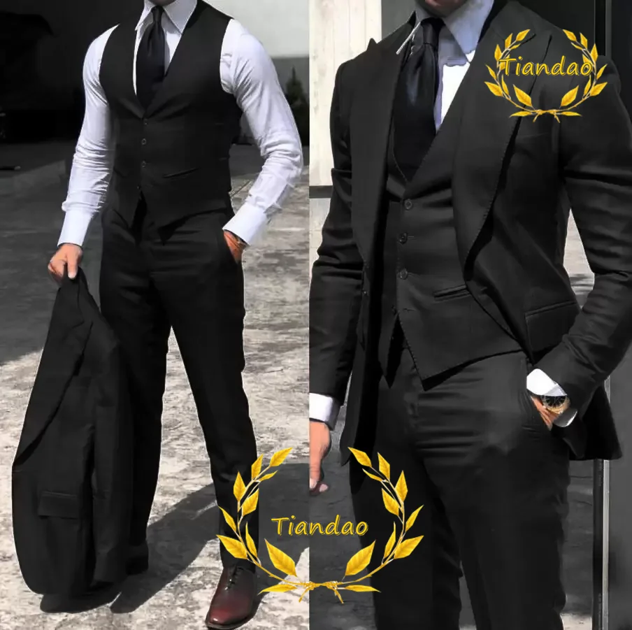 Business Men Suit 3 Piece Formal Jacket Wedding Groom Tuxedo Point Lapel Blazer Pants Vest Slim Fit Fashion Clothes