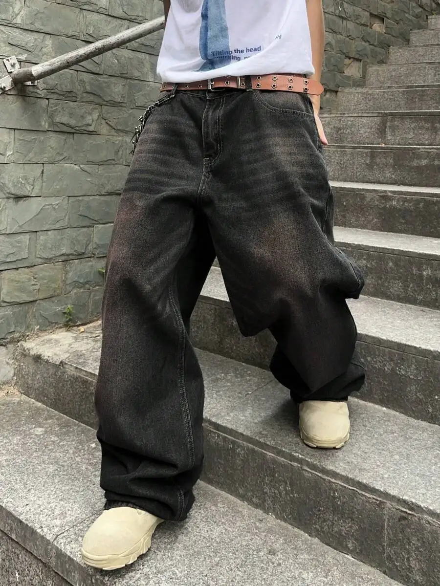 

Mens Relaxed Fit Distressed Black Wide Leg Denim Trousers With Belt Hole Detail