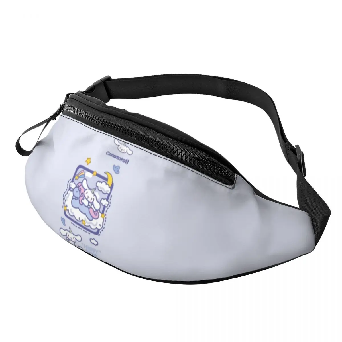 

Custom Anime Melody Cinnamoroll Fanny Pack Men Women Crossbody Waist Bag for Cycling Camping Phone Money Pouch