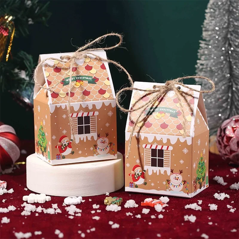 

5pcs Christmas Gingerbread House Candy Box Xmas Candy House Kraft Paper Biscuit Box Noel Merry Christmas Gift Bag New Year 2025