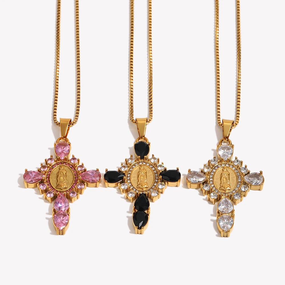 E.B.belle Virgin Mary Cross Pendnat Necklace Hypoallergenic Stainless Steel Gold Plated Necklace Jewelry For Women Girls Gifts