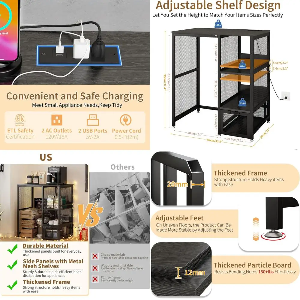 

Регулируемая кухонная полка-стеллаж с розеткой, подставкой для микроволновки и тумбой для мини-холодильника — идеально подходит для столовых, кухонь и дач.