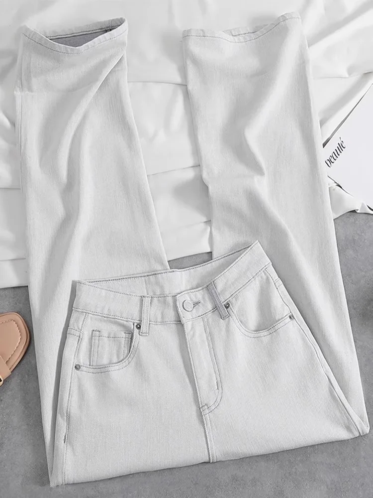 Dżinsy damskie z wysokim stanem, proste nogawki, białe, szerokie spodnie, wyszczuplające, codzienne, zapinane na zamek, denim.