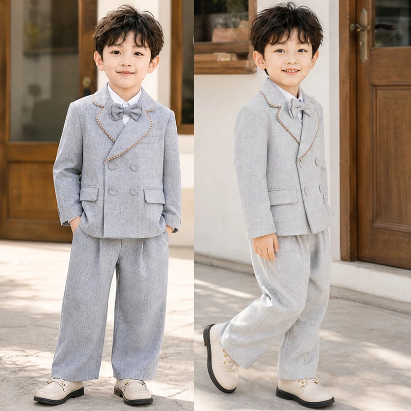 Boys Vintage Blazer Suit Set Contrast Trim Double Breasted Jacket Pants Kids Wedding Ring Bearer Stage Performance Outfits 2-12Y