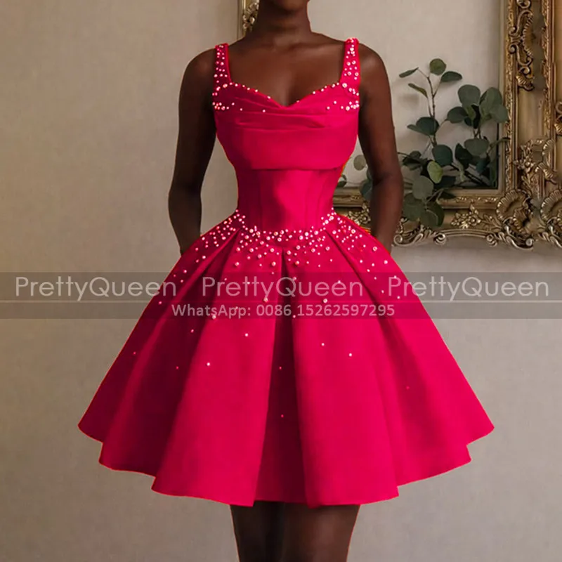 

Luxury Beaded Short Bridesmaid Dresses Puffy A Line Spaghetti Straps Customized Red Satin Mini Wedding Party Dress