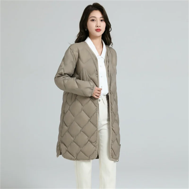 

Women Rhombic Lattice Oversize Down Jacket Winter V Neck Warm Light Thin White Duck Down Coat Female Long Puffer Parkas Outwears