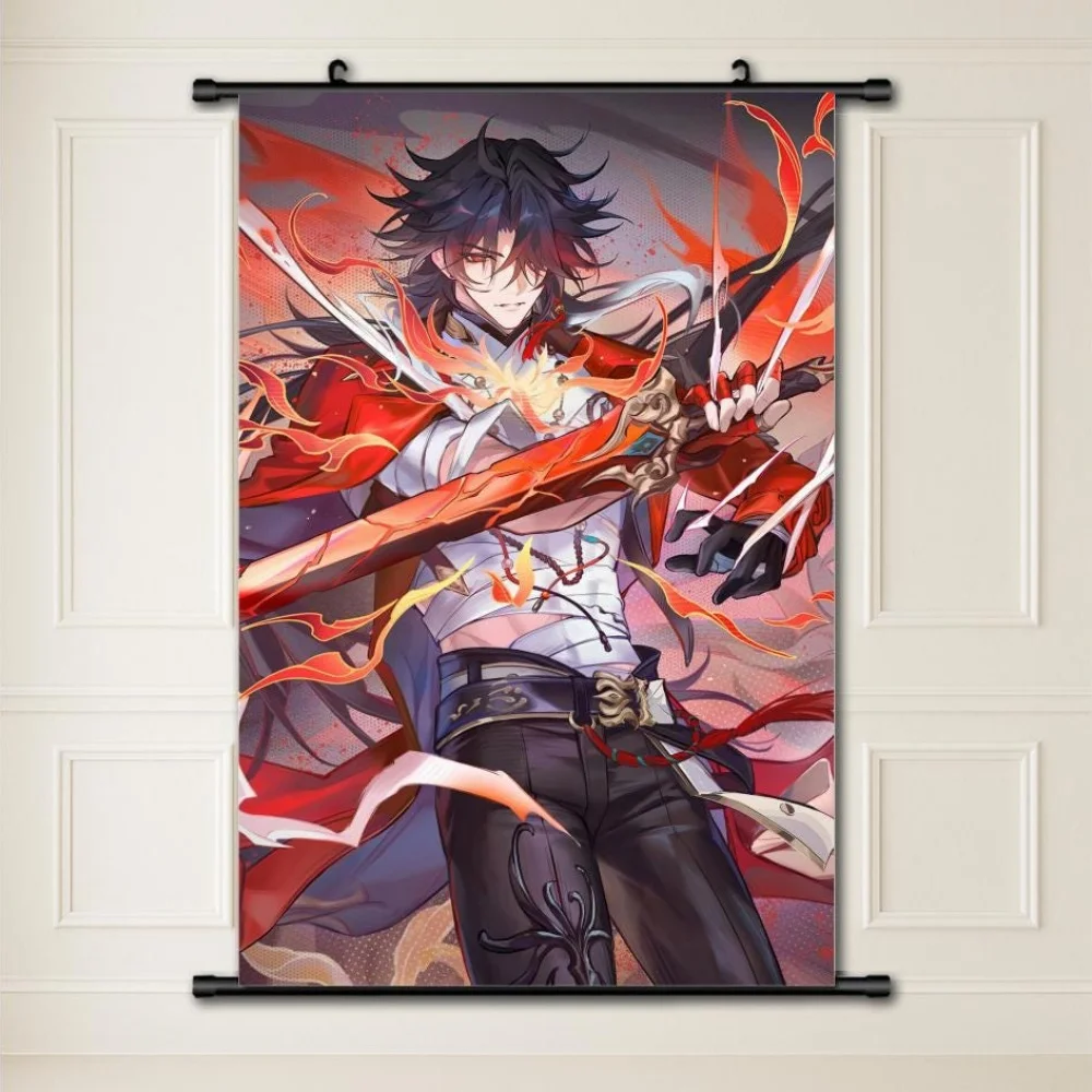 Anime Fire Warrior Wall Scroll Tapestry Fantasy Red Swordsman Poster Bedroom Dorm Room Decor Fabric Hanging Art Gift