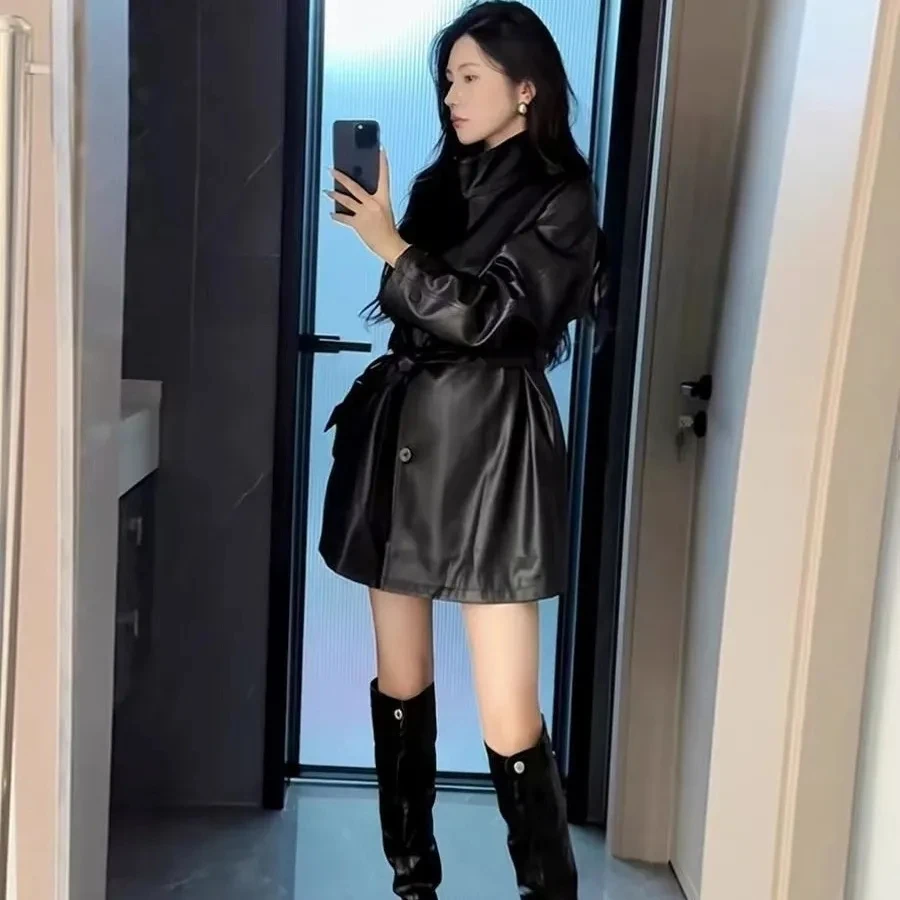 

High End Retro 2025 Leather Jacket With loose And Waist Cinching Style new Mid to Long Fashion Casual Windbreaker Jacket