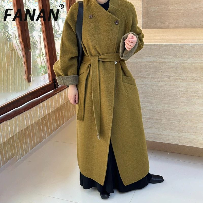 FANAN Elegant High-End Korean Style Women's Double-faced Woolen Coat 2025 New Two Tone Design Autumn Winter Overcoat Thick Warm