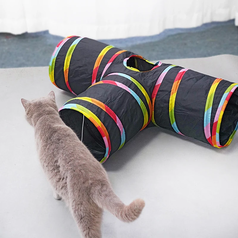 Cat Rainbow Tunnel Collapsible Portable Cat Tent Interactive Play Toy Connectable Circle Playground Tunnel Drill Hole Pet Toys