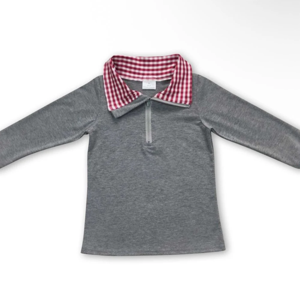 

Baby Boys Red Plaid Long Sleeve Zipper Pullover Tee Shirt Grey Cotton Kids Christmas Top