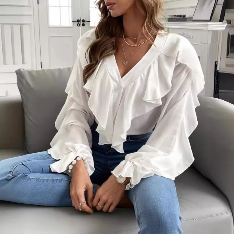 New Arrivals Temperament Design Sense Spring Summer Women\'s Clothing Solid Color V-neck Flounce Top Shirt Long Sleeve