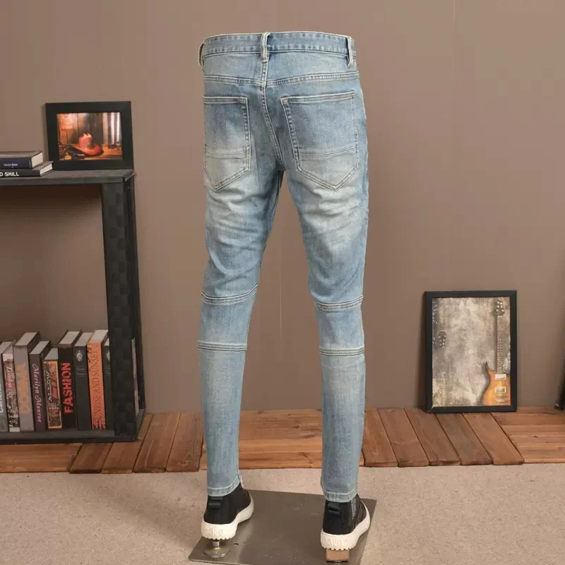 newy2k jeans, washed with water, nostalgic stretch slim fit jeans, light blue jeans, designer hip-hop brand spliced pan