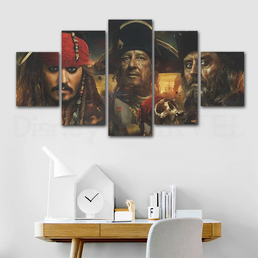 5 Panel Pirates of The Caribbean Wall Art American Retro Style Canvas Painting Disney Classic Movie Print Picture for Home Decor