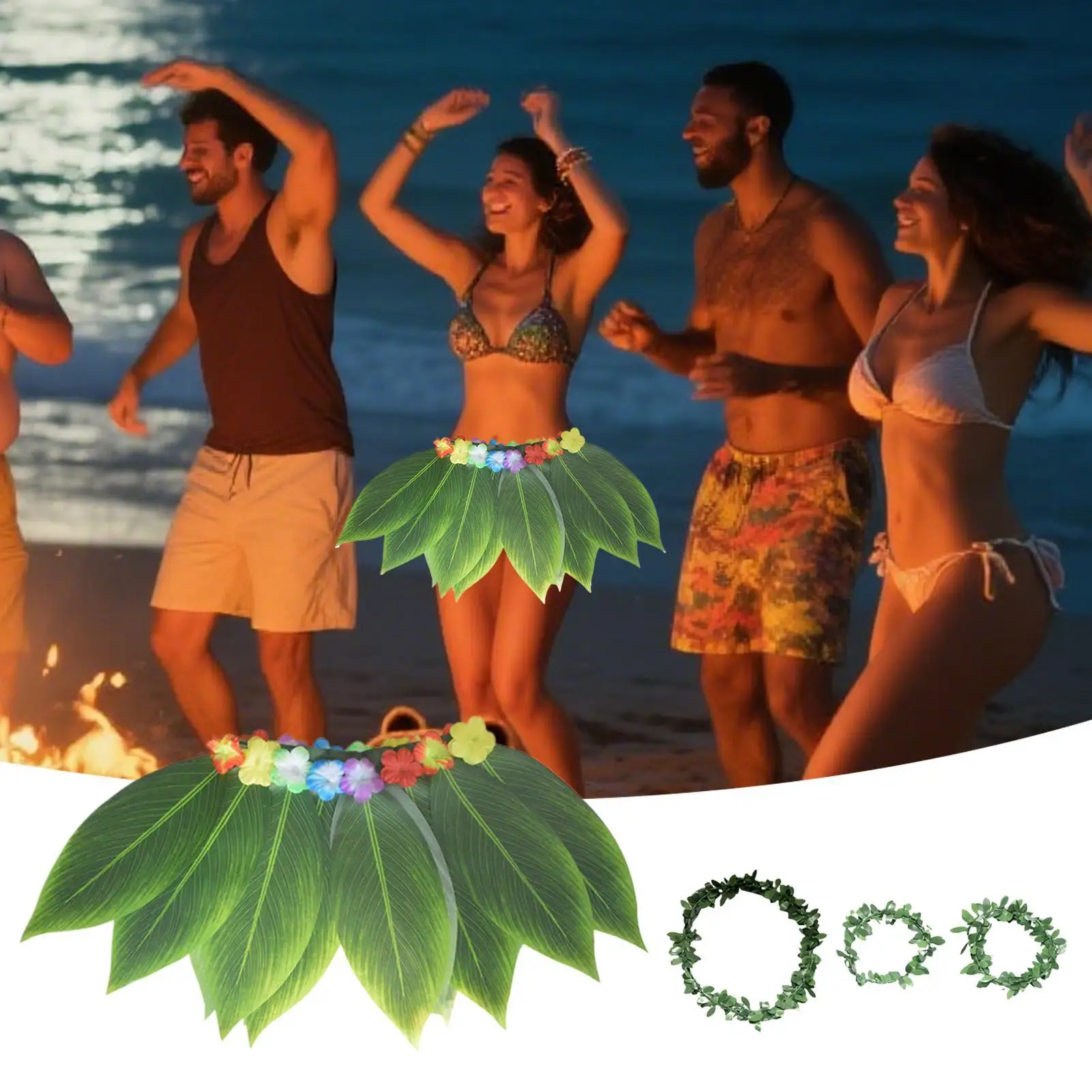 Hawaiian Grass Skirts For Women Hawaiian Headband Wristbands Tropical Wristband Headband Breathable Realistic Leaf Dresses For