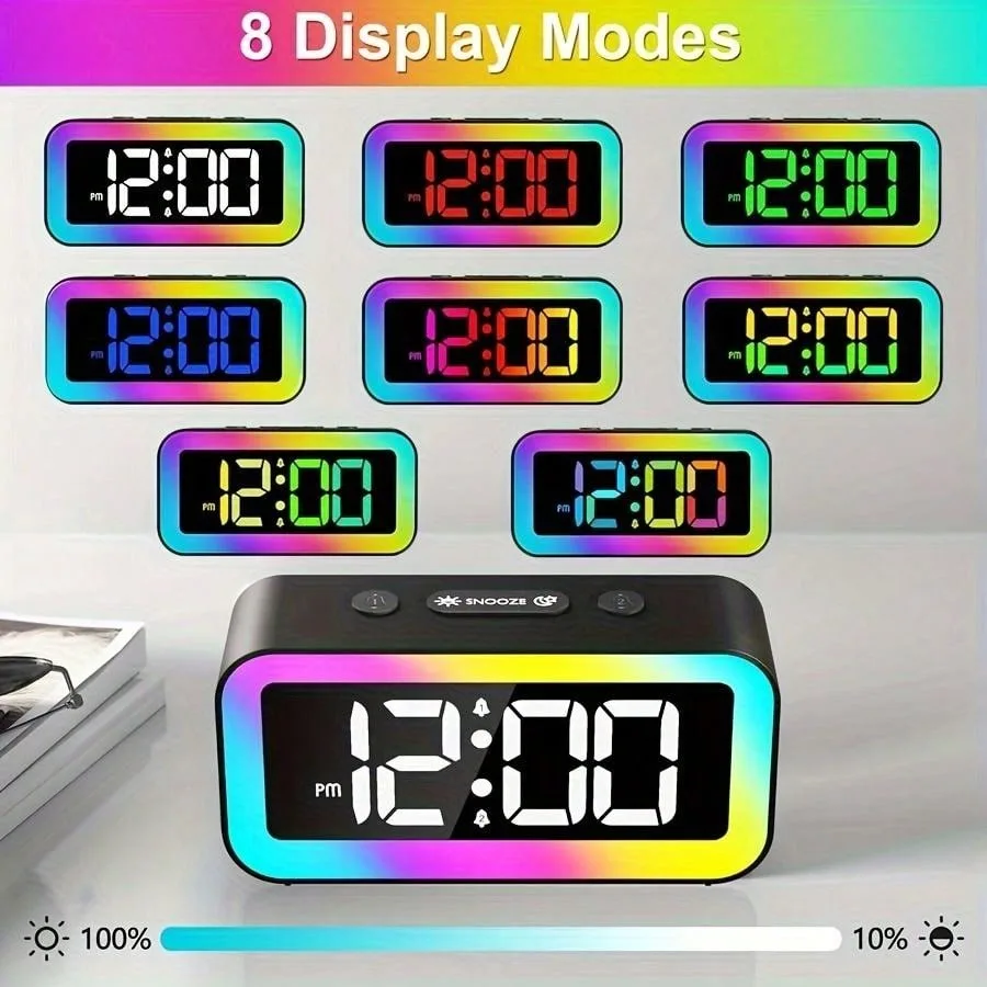 Oneway Digital Alarm Clock, RGB Colorful LED Clock, Alarm Clocks Bedside Mains Powered, Adjustable Brightness, Screen Always-Lit