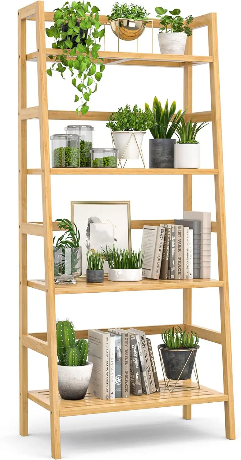 

Bamboo Bookshelf 4-Tier Ladder Shelf, 49.2” Freestanding Open Bookcase Book Shelf Bathroom Storage Shelf Unit Plant Stan