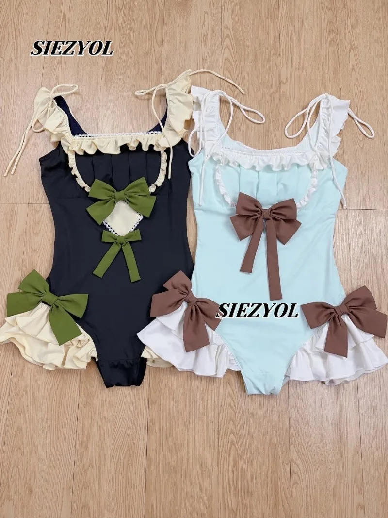 Summer New Sweet and Cute Girl Lotus Leaf Edge One-piece Swimsuit Hot Spring Seaside Japanese Lace Bow Swimming Suit for Women