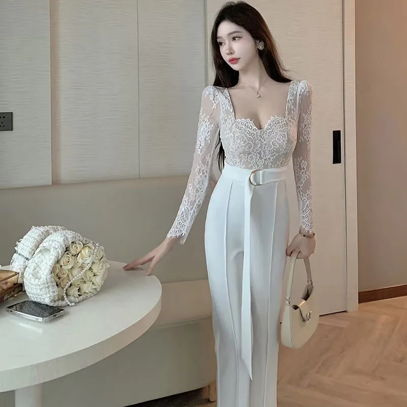 INS Europe America High Waist Long jumpsuit Autumn/Winter 2023 Temperament Lace Long Sleeve Slim High jumpsuit pants