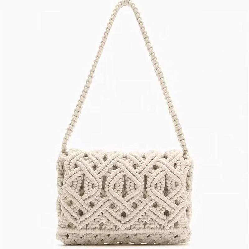 Fashionable Woven Shoulder Bag Women Cotton Thread Handbag Summer Straw White Versatile Holiday Tote Ladies Hand Bags