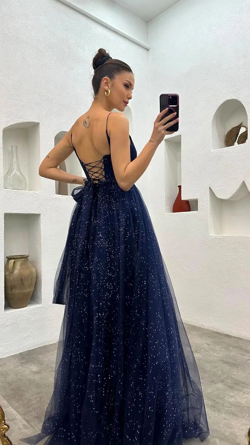 Vestido de fiesta de tul brillante, vestidos de noche plisados de corte A para mujer, vestido de fiesta largo sin mangas con tirantes finos sexys con hendidura 2025