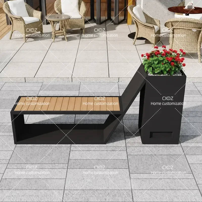 Simple Outdoor Wrought Iron Bench with Flower Box Planter Stand for Courtyard Garden Patio Fence Card Seat Planting Slot