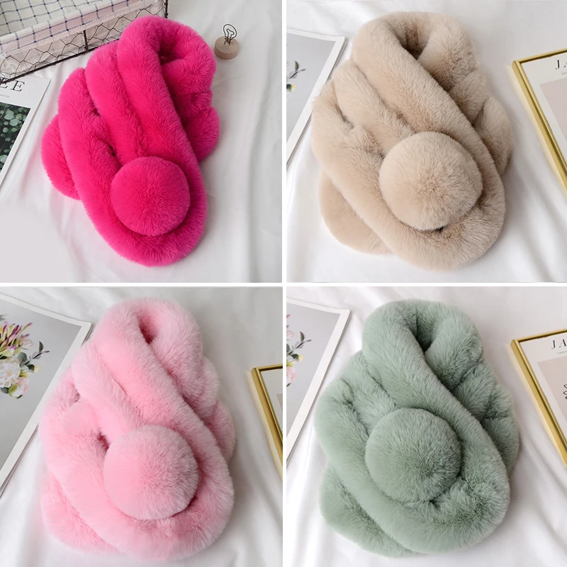 Autumn Winter Fur Rabbit Scarf Plush Thick Warm Women\'s Cross Neckerchief Fashion Ladies Neck Scarves